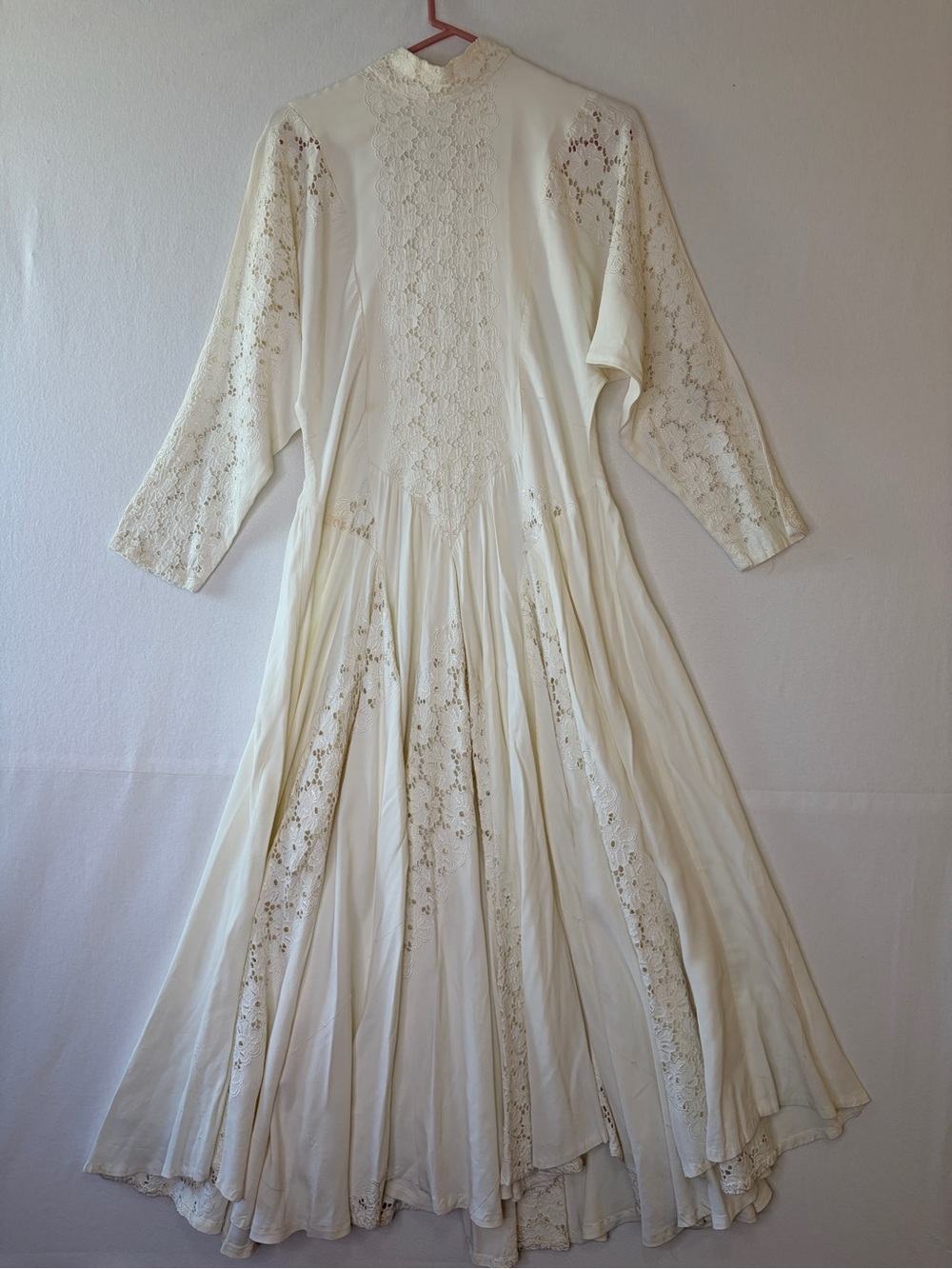 Vintage Ivory Eyelet Boho Maxi Dress Mock Neck Dolman Sleeve Godet Hem XS/S
